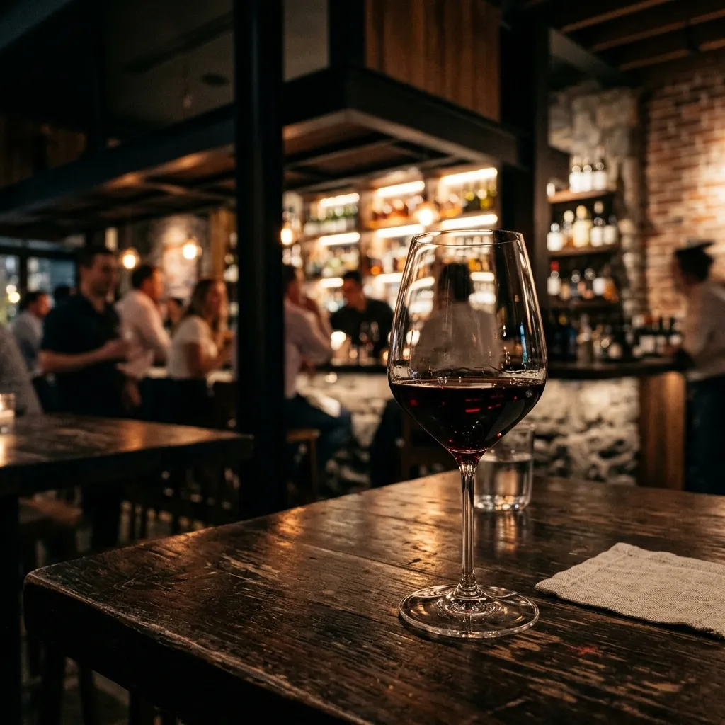 Glas Rotwein in moderner Weinbar