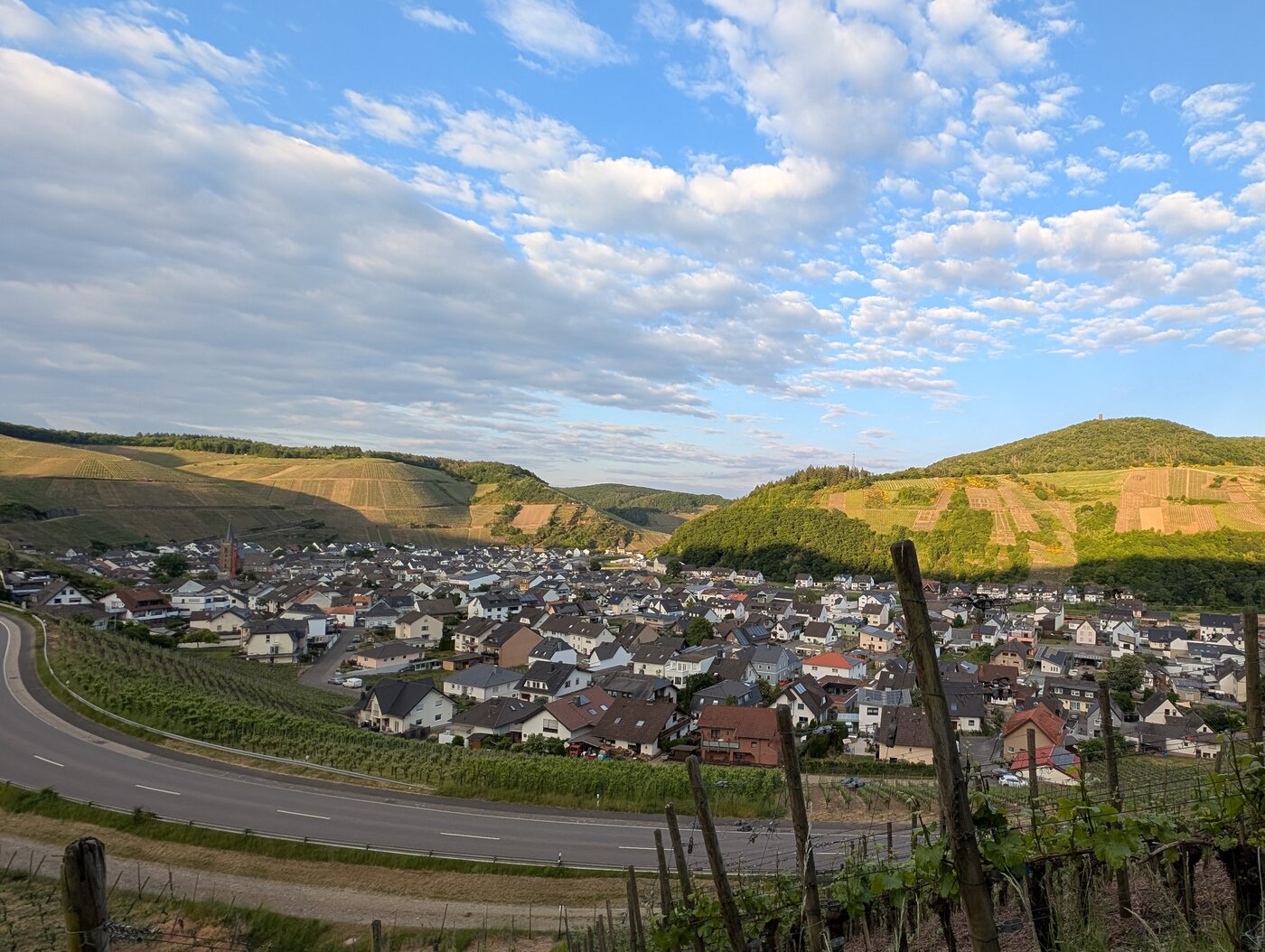 Abendlicht über Dernau im Ahrtal mit Weinbergen und Ortslage