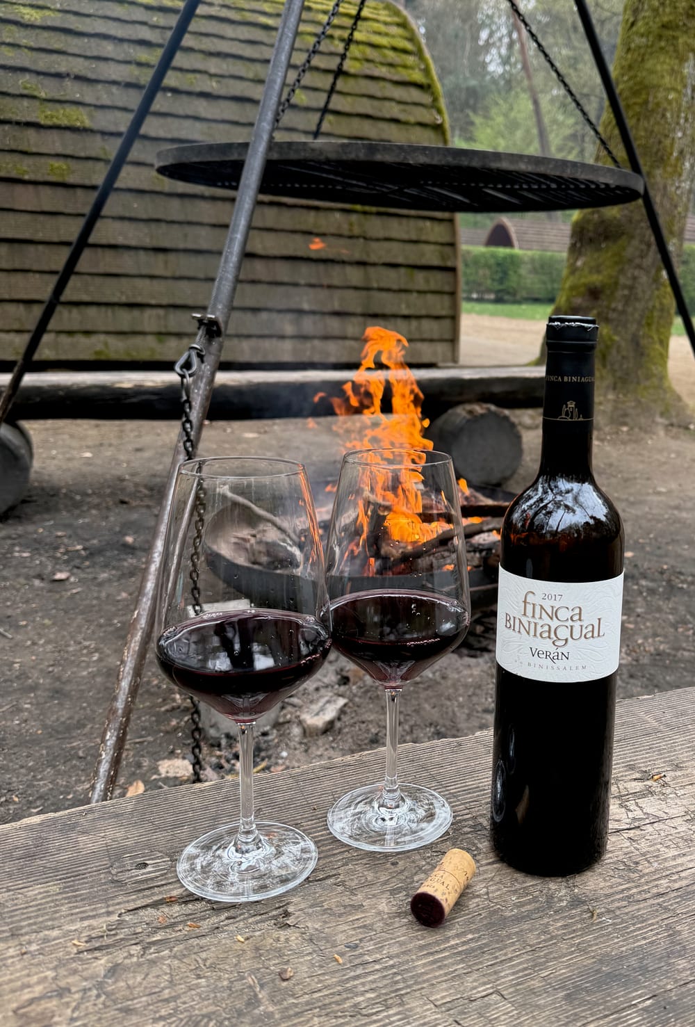 Zwei Rotweingläser und eine Flasche Finca Biniagual Verán 2017 vor einem Lagerfeuer