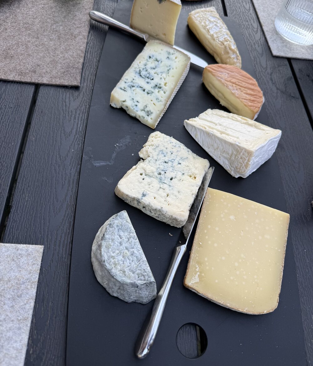 Käseauswahl mit Blauschimmelkäse, Comté, Weichkäse und Ziegenkäse auf einem schwarzen Brett