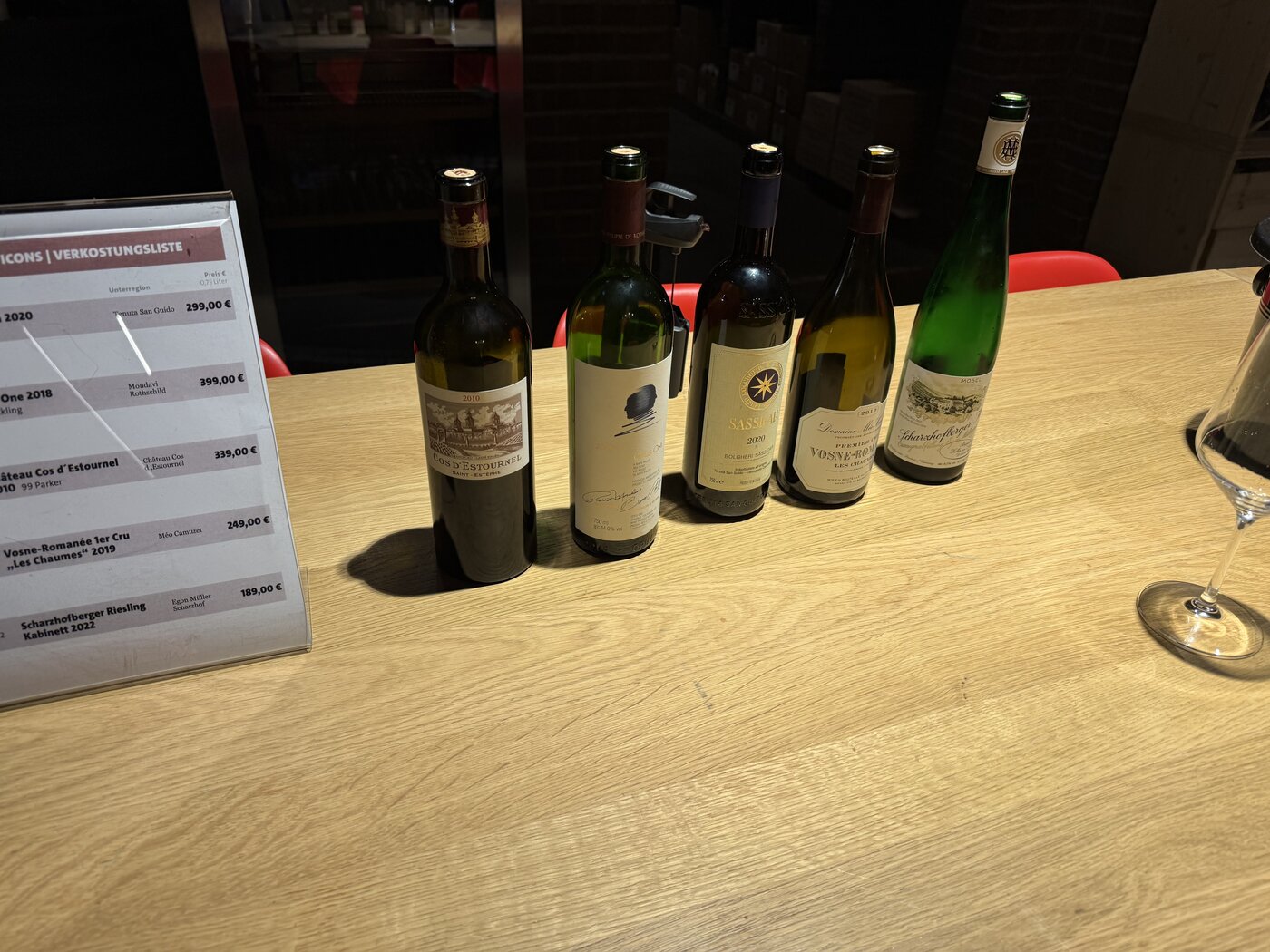 Verkostungsliste, fünf Weinflaschen in einer Reihe, dahinter ein Coravin, und ein leeres Weinglas auf einem hellen Holztisch im Kölner Weinkeller